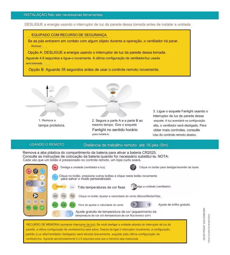 Ventilador de Teto com Função de Escurecimento Remoto Bivolt
